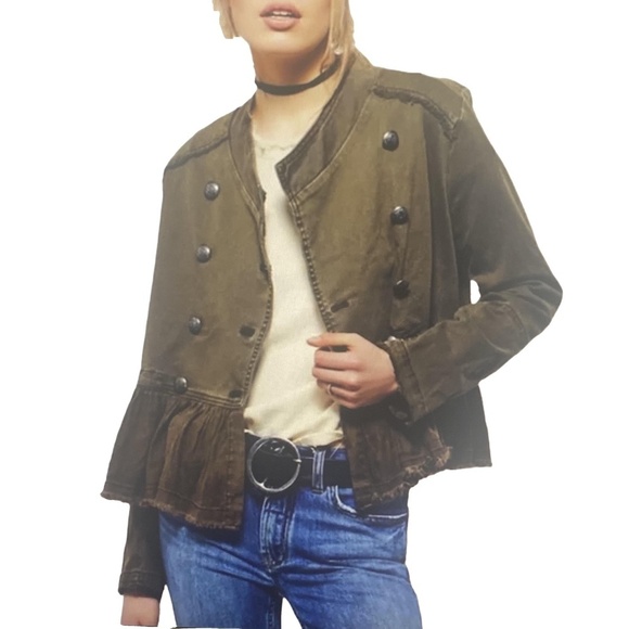 FREE PEOPLE Flared Peplum Hem Moss Green Military Jacket Steampunk Boho Grunge M - Picture 1 of 16